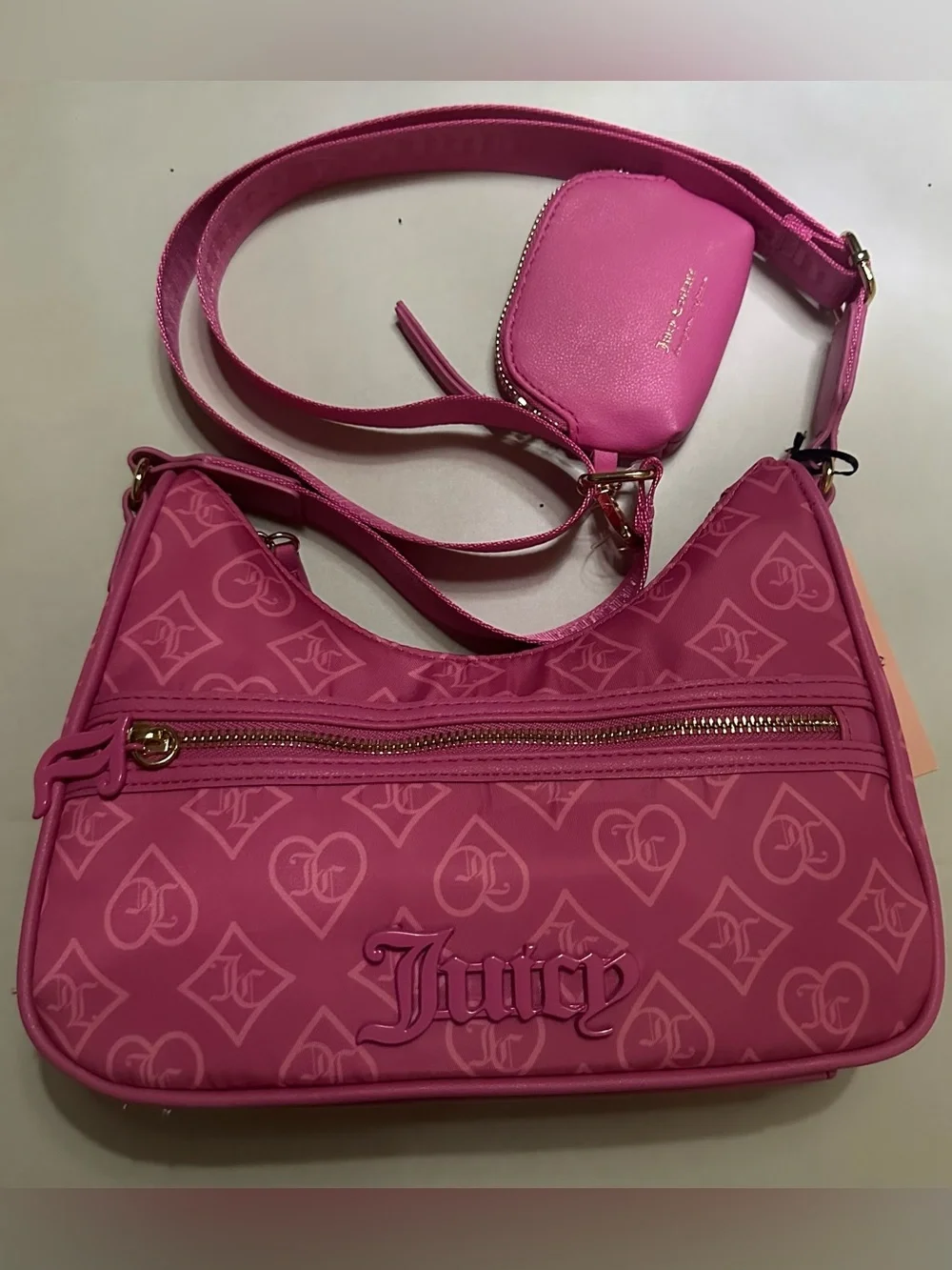 💕 NWT/ Juicy Couture Hot Pink Monogram Crossbody Bag with Coin Pouch 💕